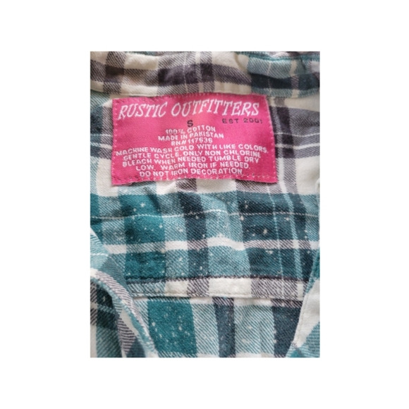 Rustic outfitters small plaid bleach themed button up shirt Teal and white - Picture 2 of 3